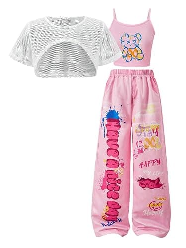 Floerns Girl's 3 Piece Summer Street Outfits Cartoon Camisole Wide Leg Denim Pants with Mesh Crop Tops - Image 1