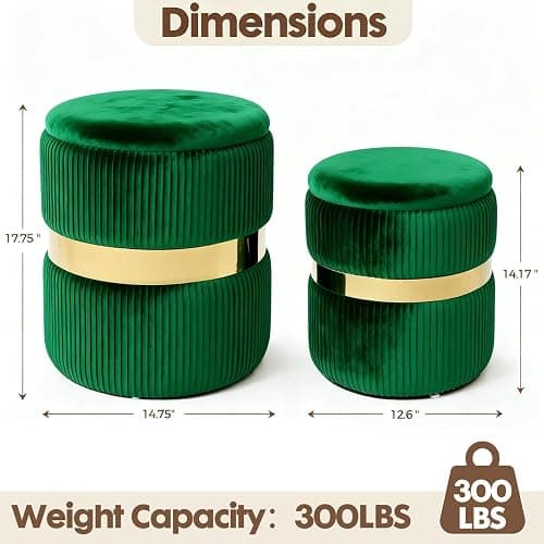 2BYF Round Ottoman with Storage Set of 2 Vanity Stool Foot Rest with Removable Lid for Bedroom Green Velvet Storage Ottoman Stool for Living Room Bedroom and Dorm thumbnail 2
