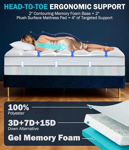 Panyu Dual Layer 4 Inch Memory Foam Mattress Topper Twin Size, 2" Cooling Gel Memory Foam & 2" Plush Pillow Top CertiPUR-US Mattress Pad Cover Medium Support for Pressure Relief, Deep Pocket, White thumbnail 6