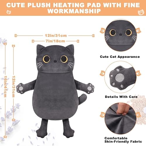 Microwave Heating Pad for Cramps Pain Relief, 16 * 12'' Moist Microwavable Period Menstrual Heating Pads for Cramps, Back, Neck Shoulder and Knee, Cute Stuffed Animal Heating Pad - Grey Cat thumbnail 5