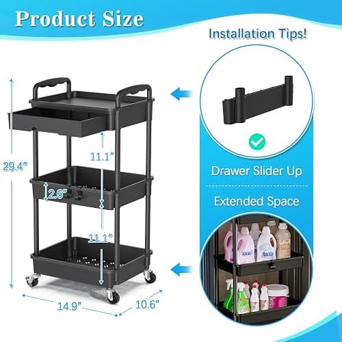 SUNALLY 3 Tier Rolling Cart with Drawer, Craft Storage Cart Organizer,Black | Bathroom Storage Organizer with 2 Lockable Wheels, Rolling Utility Cart for Kitchen, Office, Baby, Makeup, Nail,Snack,Laundry thumbnail 3