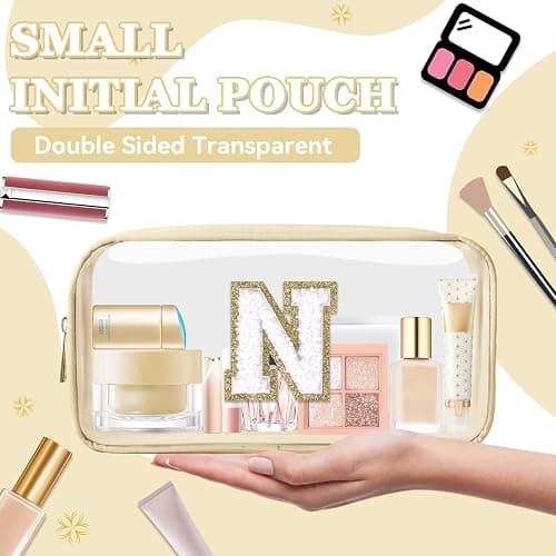 Mini Clear Personalized Initial Makeup Bag, Nylon Preppy A-Z Chenille Letter Patch Zipper Cosmetic Bag, Small Cute Pouch Travel Coin Purse Toiletry Bag, Small-Beige, N thumbnail 4