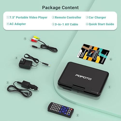 9.5" Portable DVD Player for Kids and Car with 7.5" Swivel Screen, | 4-6 Hours Rechargeable Battery, Car DVD Player with Dual Speakers, Remote Control, Support Sync TV, Region Free USB/SD/AV thumbnail 9