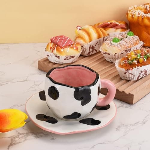 Koythin Cow Mug, Ceramic Coffee Mug with Saucer Set, Cute Cup Unique Irregular Design for Office and Home, Dishwasher and Microwave Safe, 10oz/300ml for Latte Tea Milk (Small Cow) - Small Cow thumbnail 8