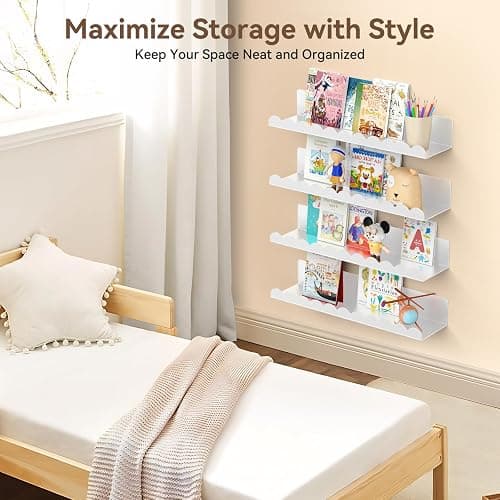 Gattlukd Nursery Book Shelves, 17 Inch Metal Floating Shelves for Wall 4 Pack, Scalloped Shelves, Wall Mounted Book Shelf for Kids Bedroom, Baby Room, Nursery Decor (White) thumbnail 6