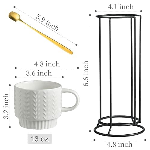 Miamolo Stackable Coffee Mugs, Coffee Mug Set of 4 with Spoons & Stand, 13oz Espresso Cups for Drinks Latte Cappuccino Tea, Coffee Cup for Housewarming Birthday Gift, Dishwasher Safe, White thumbnail 3