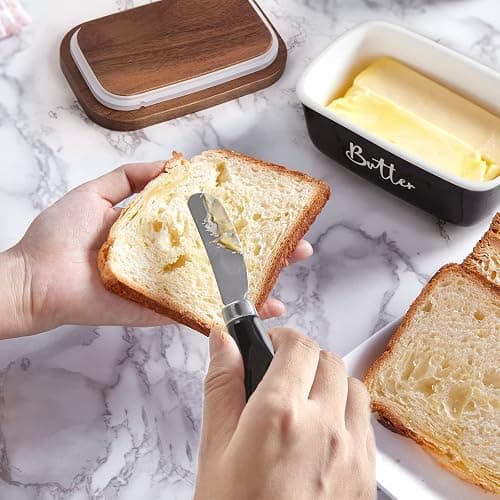 ALELION Black Butter Dish with Lid and Knife for Countertop - Airtight Ceramic Butter Keeper Container with Thick Acacia Wood Lid for Counter or Fridge - for Farmhouse Kitchen Decor and Accessories thumbnail 6