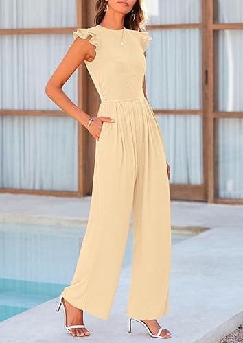 PRETTYGARDEN Summer Jumpsuits for Women Dressy 2025 Fashion Ruffle Cap Sleeve Romper Crew Neck Rib Knit One Piece Outfits - Apricot - Small thumbnail 4