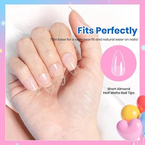 Beetles Short Almond Nail Tips: 12 Sizes 288 PCS Half Matte Full Cover Gel Tips Clear Acrylic Gel Nail Tips Almond Shape for DIY Extension thumbnail 5