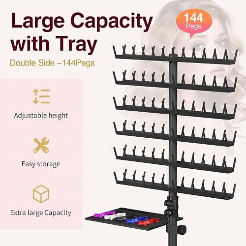 Hemndic Braiding Hair Rack with Tray, 2-sided 144 Pegs, Heavy Duty Braiding Rack Stand for Hair, Height Adjustable Standing Hair Extension Holder with Storage Bag & Braiding Accessories thumbnail 4
