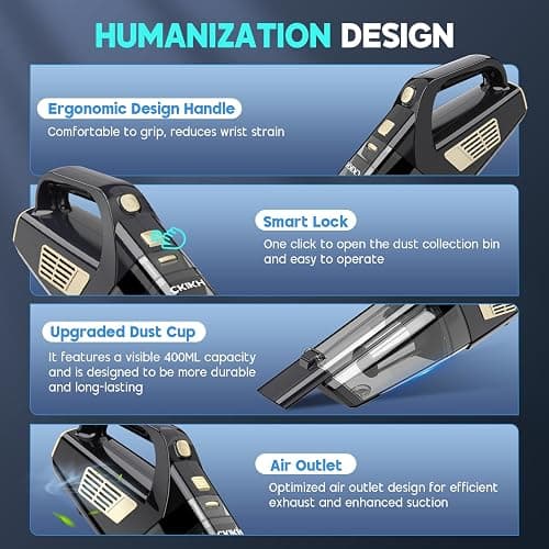 CKIKH Handheld Vacuum Cordless, 15000PA Strong Suction Hand Held Car Vacuum Cleaner Portable with Multi-Nozzles & Washable Filter, Lightweight Rechargeable Vacuum Cleaner for Home, Car, Office, Pets thumbnail 5