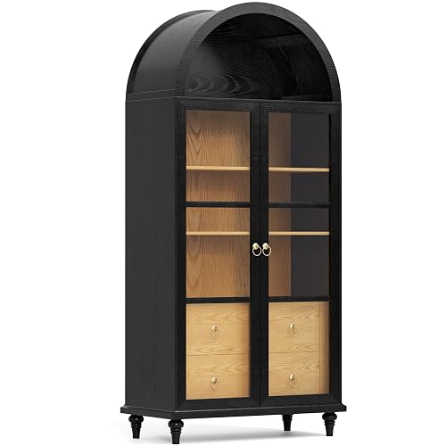 YESHOMY 71" Arched Cabinet, Tall Kitchen Pantry Storage Cabinets with Large Drawers, Shelves and Glass Doors, Modern Display Bookcase for Living Room, Dining Room (Pure Black) thumbnail 6