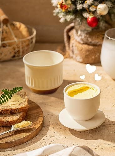 Sweese Embossed French Butter Crock with Water, Ceramic Butter Keeper with Lid for Countertop, Vintage White & Ochre Butter Dish, Dishwasher & Microwave Safe thumbnail 2