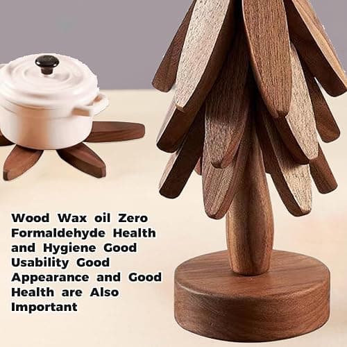 Wooden Tree Coasters, Trivets for Hot Dishes, Trivets for Hot Pots and Pans, Wooden Tree Trivet Set - 3 or 4 Wooden Trivet + 1 Stand, Christmas Coasters (Walnut,4pcs-A) thumbnail 6