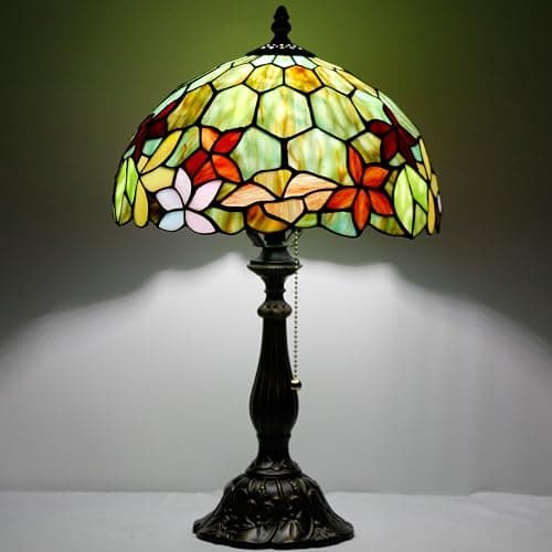 ZJART Tiffany Table Lamp Stained Glass Lamp 12X12X19 Inch Antique Reading Light (Red Green Flowers) thumbnail 7