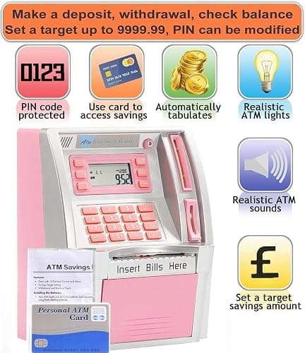YaBao Pounds Version Electronic ATM Savings Bank Digital Piggy Money Bank Machine,Electronic Cash Box with Debit Card,Password Login,Voice Prompt,Coin Recognition,Targets Setting (Silver/Pink) thumbnail 4