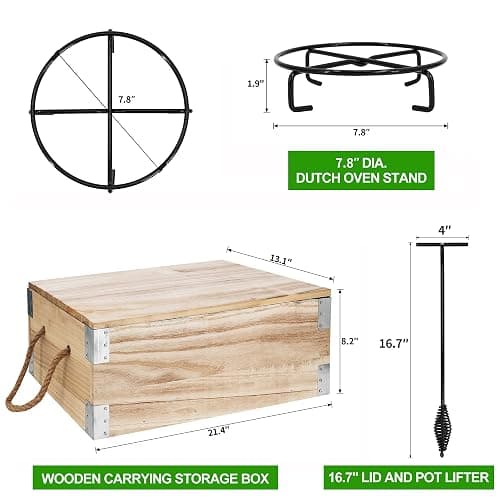 8 Piece Pre-Seasoned Dutch Oven Cooking Set Cast Iron Camping Kitchen Cookware Bakeware Skillets & Square Grill Pan w/Vintage Carrying Wood Box for Ourdoor Home BBQ Baking thumbnail 6
