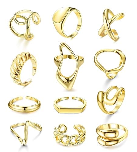THUNARAZ 12 PCS Stackable Gold Rings for Women Adjustable Open Chunky Rings,14K Gold Plated Twisted Round Signet Rings for Gift thumbnail 7