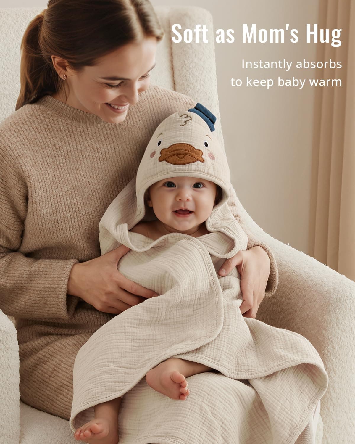 Blissful Diary Muslin Baby Hooded Towel 2 Pack, Soft & Absorbent Bath Towel for Infant, Toddler, Unisex, Baby Gift, Newborn Essentials, Bear & Duck thumbnail 4