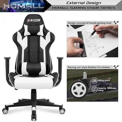 Homall Gaming Chair, Office Chair High Back Computer Chair Leather Desk Chair Racing Executive Ergonomic Adjustable Swivel Task Chair with Headrest and Lumbar Support (White) thumbnail 5