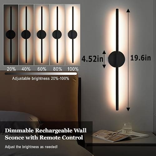 38°GARDEN Black Battery Operated Wall Sconces Set of 2 360° Rotate Dimmable LED Wall Lamps 19.6 Inch Wireless Rechargeable Wall Lights with Remote Control thumbnail 2