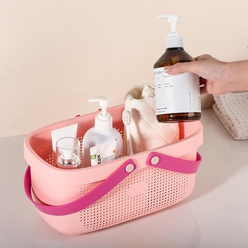JiatuA Plastic Storage Basket with Handle Portable Shower Caddy Tote Organizer Basket Bin for Bathroom Kitchen Dorm Room Bedroom, Light Pink thumbnail 5
