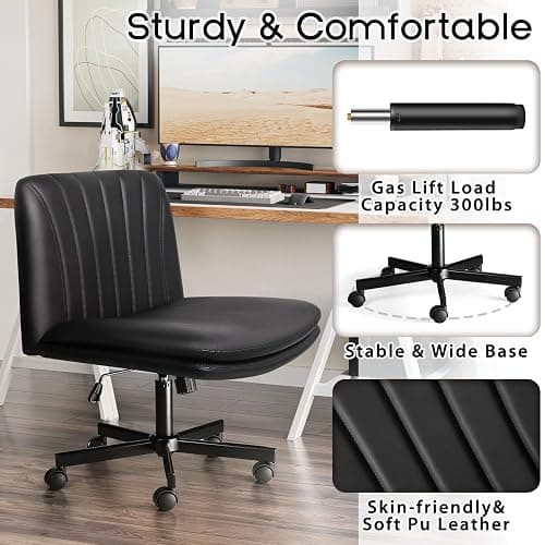 PUKAMI Criss Cross Chair with Wheels,PU Leather Armless Cross Legged Office Vanity Desk Chair for Home Office,Modern Swivel Height Adjustable Wide Seat(Black) thumbnail 6