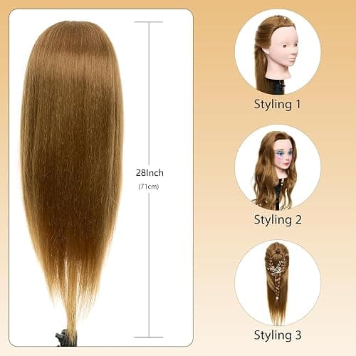 28" Mannequin Head Human Hair - 80% Real Hair Mannequin Head for Makeup Practice, Cosmetology Manikin Doll Head for Hair Styling, Hairdressing Training Head for Braiding #27 thumbnail 5