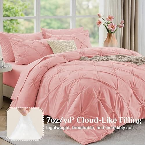 JOLLYVOGUE Queen Comforter Set 7 Pieces - Bed in a Bag Queen for All Season, Pintuck Bedding Comforter Sets with Comforter, Flat Sheet, Fitted Sheet and Pillowcases & Shams, Pink thumbnail 4