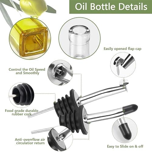 Leaflai Olive Oil Dispenser Bottle, 2 Pcs Glass Olive Oil Dispenser and Vinegar Dispenser Set with 2 Stainless Steel Pourers, 4 Labels,1 Brush and 1 Funnel Oil Bottles for Kitchen (500ml) thumbnail 7