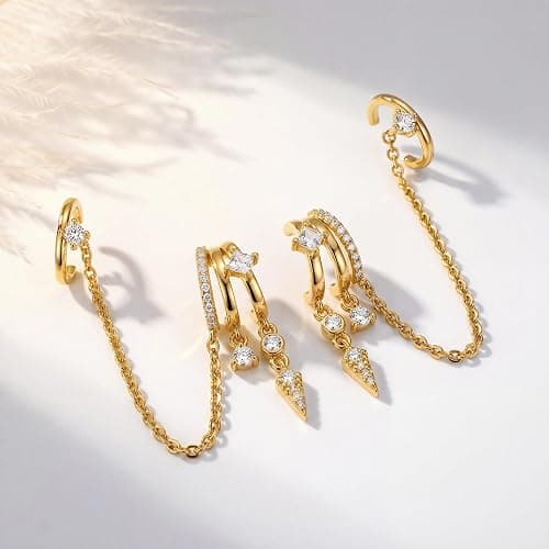Triple Huggie Stacked Earrings for Women Gold Chain Drop Dangle Earrings Cute Statement CZ Earrings Trendy Dainty Jewelry Gift thumbnail 4