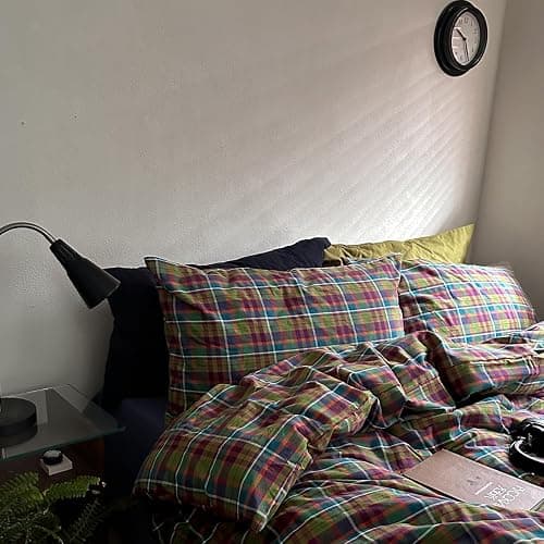 MKXI Buffalo Plaid Duvet Cover Set 3 Piece Vintage Bedding in Kelly Green, Navy & Red | 100% Washed Cotton Reversible Design with Zipper Closure & Corner Ties,Shabby Chic Aesthetic for Full thumbnail 2