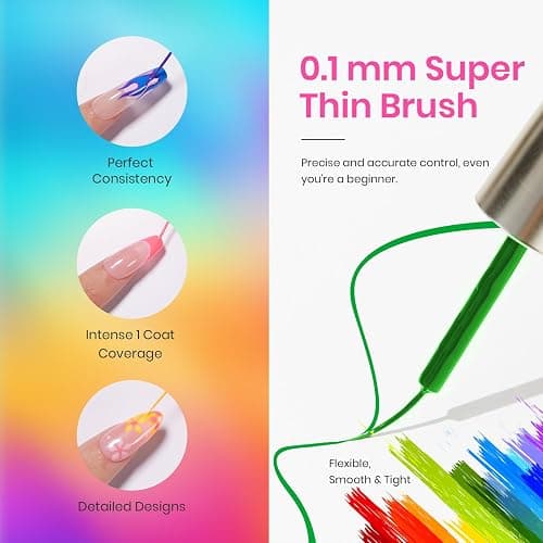 Beetles Summer Gel Liner Nail Polish Set - 6 Neon Gel Nail Polish Colors Hot Pink Orange Blue Yellow Paint for Nails Built Thin Brush in Bottle Soak off Uv LED Lamp Nails Art thumbnail 4