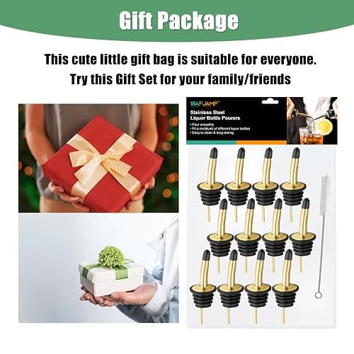 WAFJAMF 12 Pcs Liquor Pour Spouts Set, Stainless Steel Liquor Bottle Pourers with Rubber Dust Caps, for Pours Liquid, Olive Oil, Wine, Vinegar (Gold-12 Pack) thumbnail 6
