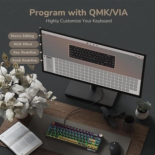 RK ROYAL KLUDGE R65 Wired Gaming Keyboard with Volume Knob, 60% Percent RGB Backlit Mechanical Keyboard Gasket Mount with PBT Keycaps, MDA Profile, QMK/VIA, 66 Keys Hot Swappable Cream Switch, Black thumbnail 8