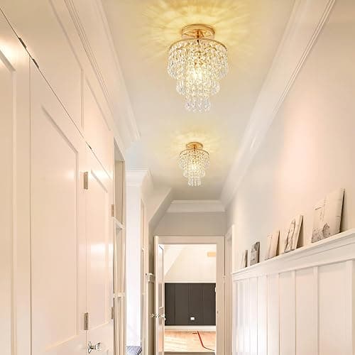 Modern Mini Crystal Chandelier, 3-Tier Raindrops Design Small Chandelier Light Fixture, Flush Mount Ceiling Light Fixture for Bedroom, Hallway, Living Room - E26 Base, Chandelier for Bedroom (Gold) thumbnail 6