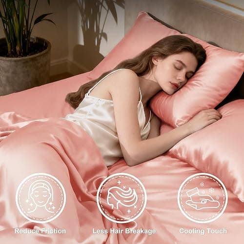 Love's cabin Satin Queen Sheets Set - 4 Piece Coral Silky Bed Sheets with Deep Pocket, Luxury Silk Feel Satin Queen Size Sheet Set (1 Flat Sheet,1 Fitted Sheet,2 Pillow Cases) thumbnail 3