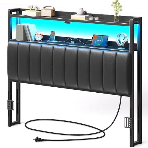 Rolanstar Headboard for Full Size Bed with Storage, 60,000 DIY Color of LED Light, Head Board with USB & Type C Port, Height Adjustable, Black Upholstered Cabeceras de Cama Comfortable Modern, Leather - Image 1