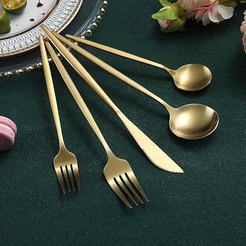 Matte Gold Silverware Set 40 Pieces, Stainless Steel Golden Flatware Set, Titanium Plating Cutlery Set, Matte Gold Utensil Sets, Service Set for 8 (Matte Golden) thumbnail 4