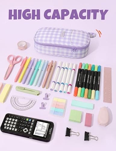 SUNEE Cute Pencil Case, Large Colored Pencil Pouch, Aesthetic Pen Bag with Zipper, Kawaii Stationery Storage and Organizer, School Supplies for Teen and Adult, Boys & Girls, Purple Checkered thumbnail 4