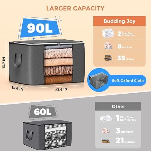 90 L Large Storage Bags, 6 Pack Clothes Storage Bins Foldable Closet Organizers Storage Containers with Reinforced Handle for Clothing, Blanket, Comforters, Bed Sheets, Pillows and Toys (Gray) thumbnail 3