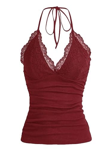 MakeMeChic Women's Halter Top Y2K Lace V Neck Ruched Low Cut Halter Tank Tops Camisole Tops - Image 1
