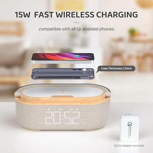 COLSUR Bluetooth Speaker Alarm Clock with Wireless Charger, FM Radio, Adjustable LED Night Light, 6 in 1 Bedroom Portable Speaker 2500mAh, Phone Stand for Bedside, Home, Office, Gift thumbnail 3