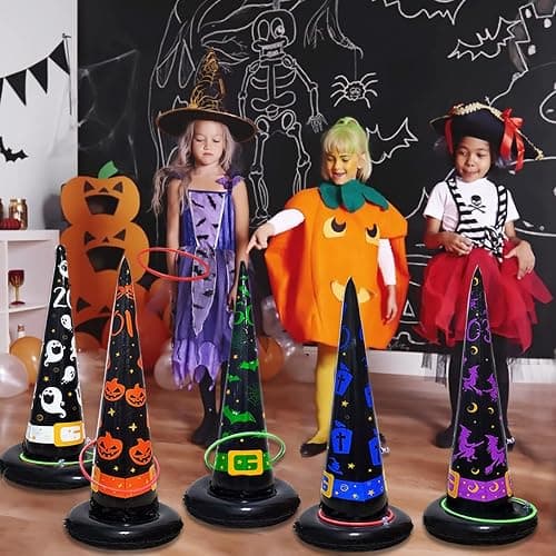 Poptrend 5PK Halloween Toys Halloween Games Inflatable Witch Hat Ring Toss Game, Inflatable Ring Toss Game with Air Pump. Games Toys for Kids Adults, Halloween Decorations (Witch Hat, 5PK) thumbnail 5