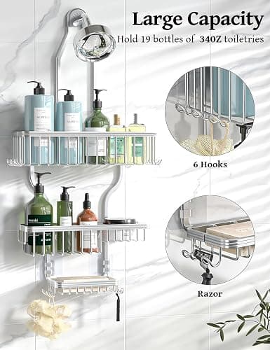 YASONIC Never Rust Shower Caddy Hanging, Aluminum Shower Racks for Inside Shower, 3-Tier Shower Organizer Hanging Over Shower Head with Hooks and Soap Holder, Silver thumbnail 3