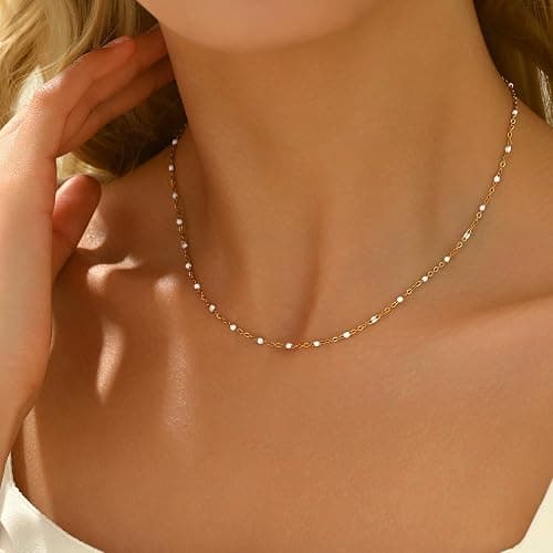 NONAMOIS Gold Chain Necklace for Women Dainty 18K Gold Plated Thin Satellite Beaded Turquoise Necklace Simple Layered Boho Jewelry Christmas Gifts thumbnail 3