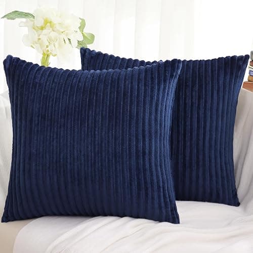 Simmore Decorative Spring Throw Pillow Covers 18x18 Set of 2, Soft Natural Plush Flannel Double-Sided Fluffy Couch Pillow Covers for Sofa Living Room, Navy Blue - Image 1