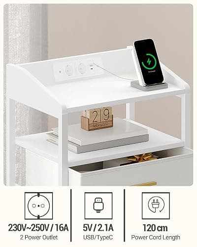 Hzuaneri Nachttisch mit LED-Leuchten und ladefunktion, Beistelltisch mit 3 Stoff-Schubladen mit USB-Anschlüssen & Steckdosen, für Schlafzimmer, Wohnzimmer, Weiß NS31013W thumbnail 4