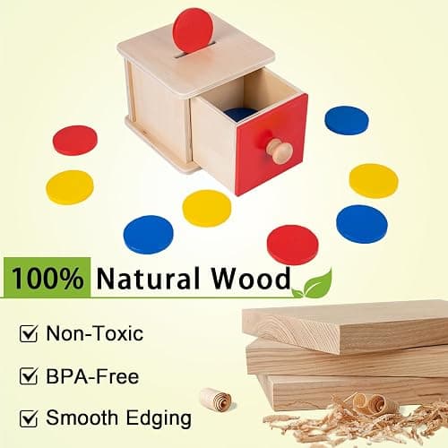 Adena Montessori Coin Lock Box,2 in 1 Object Permanence Box Toys for 1 Year Old Baby Coins,Wooden Mechanisms Help Develop Probelm Solving Skills Toys for 6-12 Month Infant Toys,Learning Kids Gifts thumbnail 6