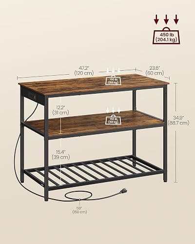 VASAGLE Kitchen Island with 3 Shelves, 47.2 Inches Width Kitchen Shelf with Power Strip, Large Worktop, Stable Steel Structure, Industrial, Easy to Assemble, Rustic Brown and Black UKKI101K01 thumbnail 3